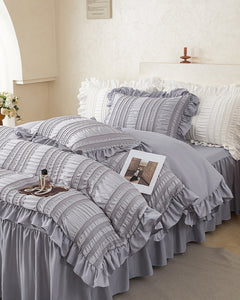 Grey Elegant Ruffle Seersucker Duvet Cover with 2PCS Pillow Shams - 3-Piece Vertical Stripe Clipped Floral Textured Bedding (