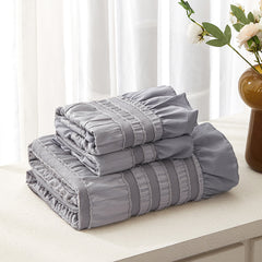 Grey Elegant Ruffle Seersucker Duvet Cover with 2PCS Pillow Shams - 3-Piece Vertical Stripe Clipped Floral Textured Bedding (
