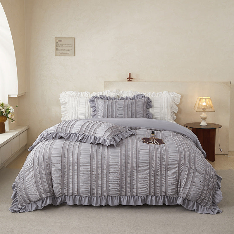 Grey Elegant Ruffle Seersucker Duvet Cover with 2PCS Pillow Shams - 3-Piece Vertical Stripe Clipped Floral Textured Bedding (