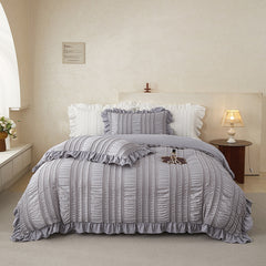 Grey Elegant Ruffle Seersucker Duvet Cover with 2PCS Pillow Shams - 3-Piece Vertical Stripe Clipped Floral Textured Bedding (