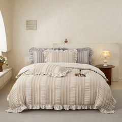 Beige Elegant Ruffle Seersucker Duvet Cover with 2PCS Pillow Shams - 3-Piece Vertical Stripe Clipped Floral Textured Bedding 