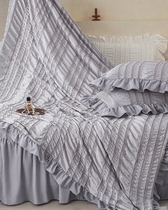 Beige Elegant Ruffle Seersucker Duvet Cover with 2PCS Pillow Shams - 3-Piece Vertical Stripe Clipped Floral Textured Bedding 