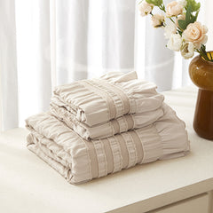 Beige Elegant Ruffle Seersucker Duvet Cover with 2PCS Pillow Shams - 3-Piece Vertical Stripe Clipped Floral Textured Bedding 