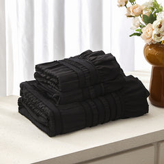 Black Elegant Ruffle Seersucker Duvet Cover with 2PCS Pillow Shams - 3-Piece Vertical Stripe Clipped Floral Textured Bedding 