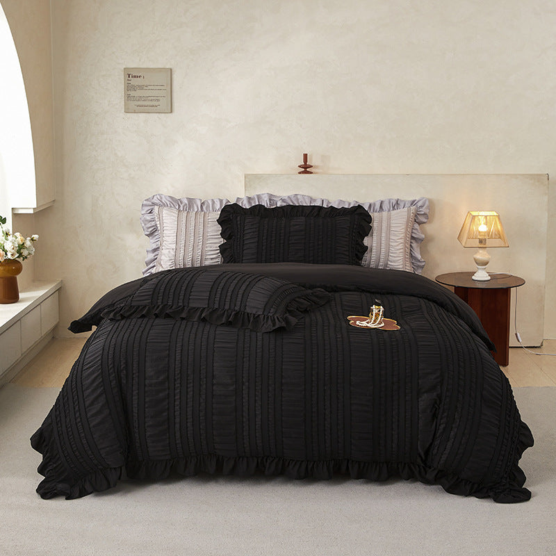 Black Elegant Ruffle Seersucker Duvet Cover with 2PCS Pillow Shams - 3-Piece Vertical Stripe Clipped Floral Textured Bedding 
