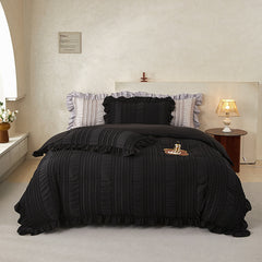 Black Elegant Ruffle Seersucker Duvet Cover with 2PCS Pillow Shams - 3-Piece Vertical Stripe Clipped Floral Textured Bedding 