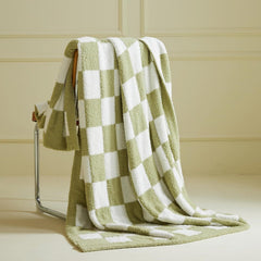 Green and White Premium Knitted Checkerboard Throw Blanket(130 x 150 CM) - Soft Half-Velvet Fleece Nap Blanket, Couch Throw &