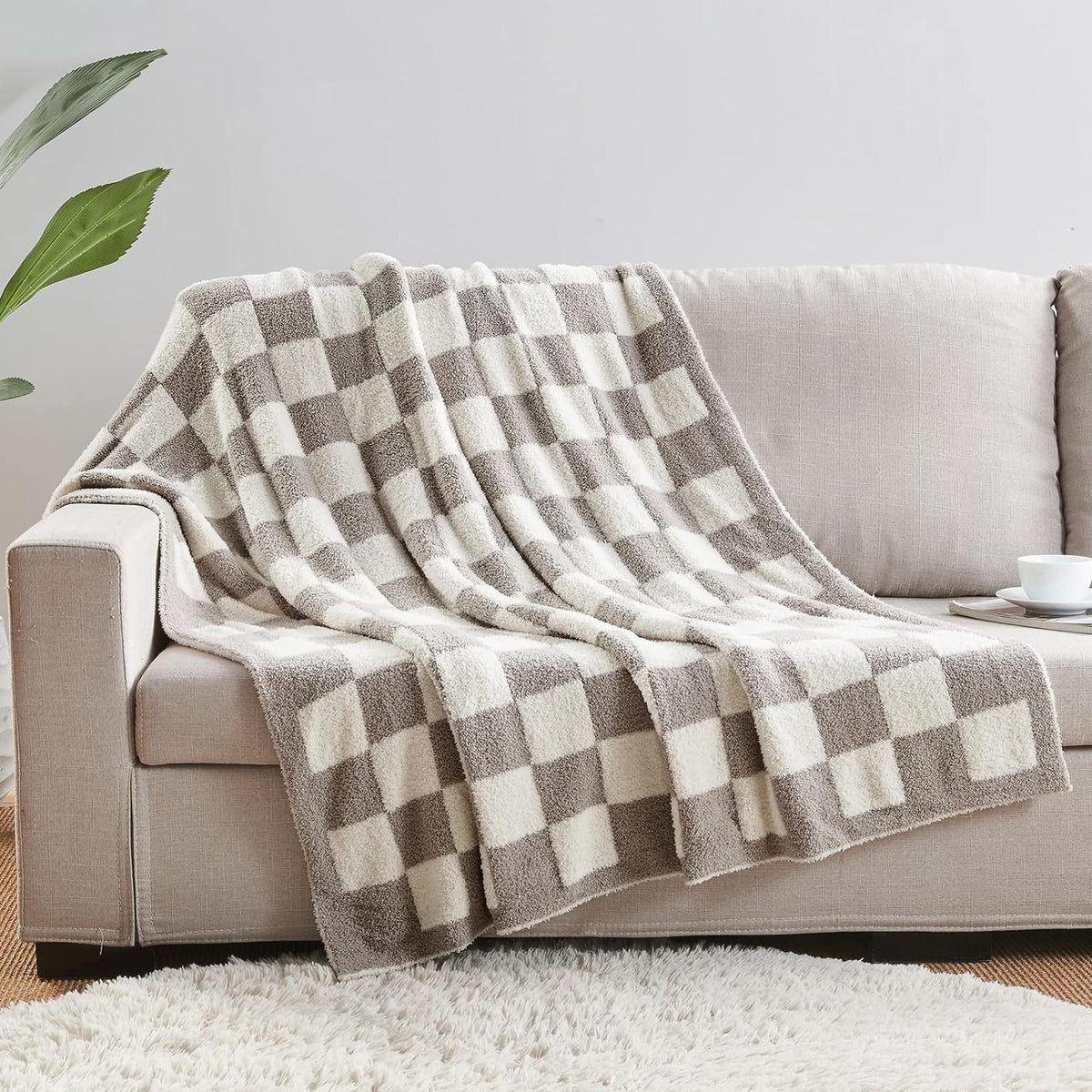 Grey and White Premium Knitted Checkerboard Throw Blanket(130 x 150 CM) - Soft Half-Velvet Fleece Nap Blanket, Couch Throw & 