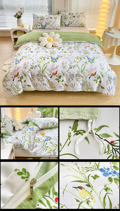 4-Piece Elegant Green Bouquet Printed Soft-Touch Brushed Bedding Set for 1.5M Bed: 175 x 220 CM Duvet Cover, 150 x 200 (+25) 