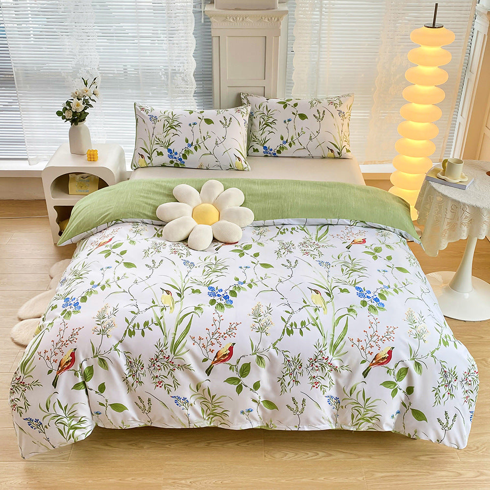 4-Piece Elegant Green Bouquet Printed Soft-Touch Brushed Bedding Set for 1.8M Bed: 200 x 230 CM Duvet Cover, 180 x 200 (+25) 