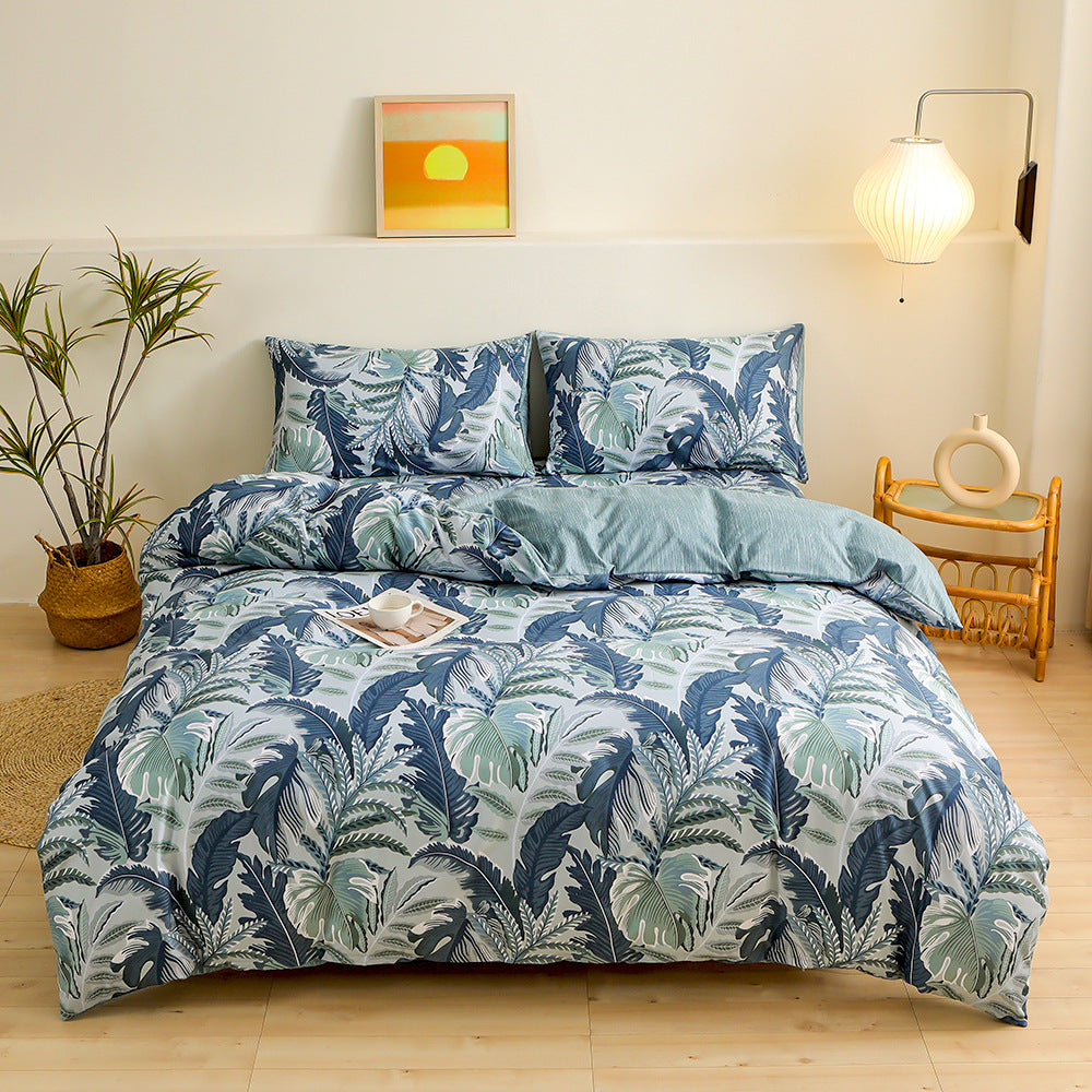4-Piece Tropical Jungle Printed Soft-Touch Brushed Bedding Set for 1.8M Bed: 200 x 230 CM Duvet Cover, 180 x 200 (+25) CM Dee