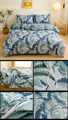 4-Piece Tropical Jungle Printed Soft-Touch Brushed Bedding Set for 1.8M Bed: 200 x 230 CM Duvet Cover, 180 x 200 (+25) CM Dee