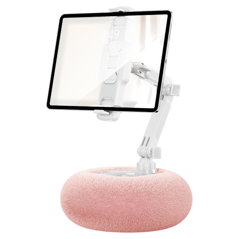 2-in-1 Pink Soft Plush Pillow Base & Tablet Holder - 3-Axis 180° Rotation, Height Adjustable and Telescopic Clamp Stand, Reli