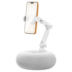 2-in-1 White Soft Plush Pillow Base & Phone Holder - 3-Axis 180° Rotation, Height Adjustable and Telescopic Clamp Stand, Reli