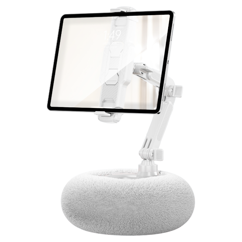 2-in-1 White Soft Plush Pillow Base & Tablet Holder - 3-Axis 180° Rotation, Height Adjustable and Telescopic Clamp Stand, Rel