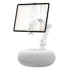 2-in-1 White Soft Plush Pillow Base & Tablet Holder - 3-Axis 180° Rotation, Height Adjustable and Telescopic Clamp Stand, Rel