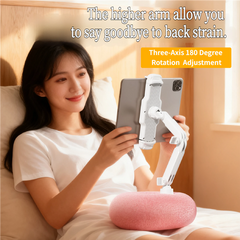 2-in-1 White Soft Plush Pillow Base & Tablet Holder - 3-Axis 180° Rotation, Height Adjustable and Telescopic Clamp Stand, Rel