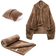3-in-1 Portable Travel Blanket / Pillow / Wearable Shawl with Snap & Envelope Folding Design - 230GSM Soft Flannel Thickened 