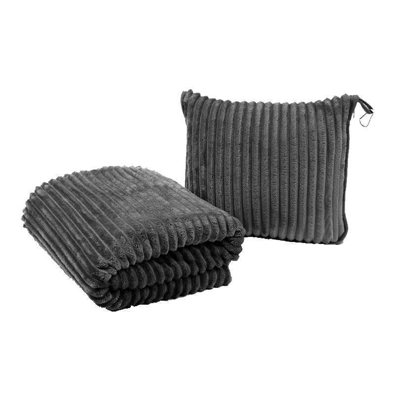 2-in-1 Dark Grey Soft Ribbed Flannel Travel Blanket / Folding Zipper Pillow with Luggage Strap & Hook - 40x60 Inch Portable D