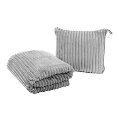 2-in-1 Light Grey Soft Ribbed Flannel Travel Blanket / Folding Zipper Pillow with Luggage Strap & Hook - 40x60 Inch Portable 