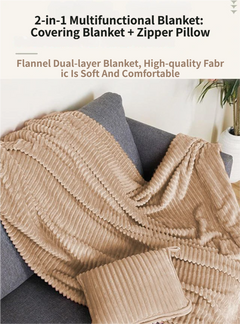 2-in-1 Light Grey Soft Ribbed Flannel Travel Blanket / Folding Zipper Pillow with Luggage Strap & Hook - 40x60 Inch Portable 