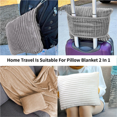 2-in-1 Light Grey Soft Ribbed Flannel Travel Blanket / Folding Zipper Pillow with Luggage Strap & Hook - 40x60 Inch Portable 