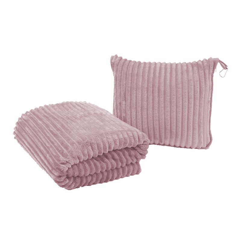 2-in-1 Pink Soft Ribbed Flannel Travel Blanket / Folding Zipper Pillow with Luggage Strap & Hook - 40x60 Inch Portable Dual-L