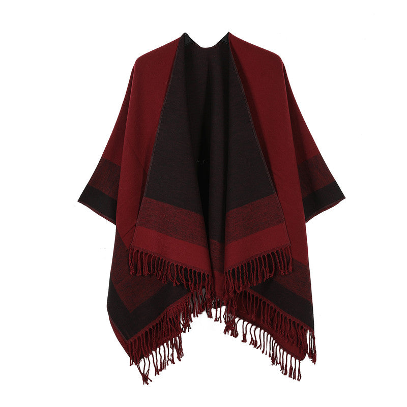 Red elegant women's tassel cape shawl scarf, multi-functional all-in-one warm and comfortable winter shawl scarf, convenient 