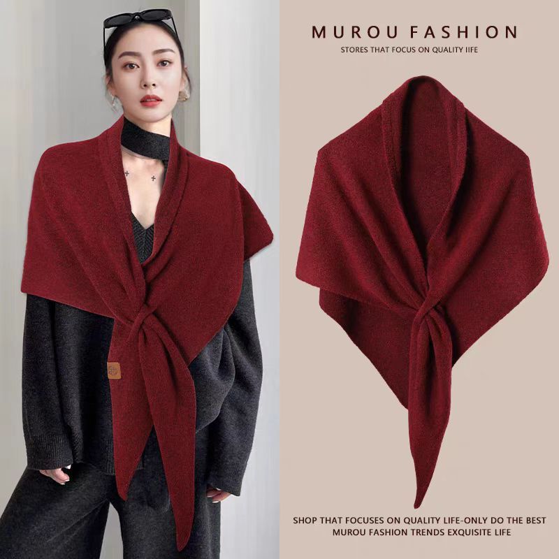Red Women's Wool Blend Triangle Shawl - 70x180cm Knitted Winter Wrap - Warm Thick Solid Colour Poncho Scarf, Versatile Neck a