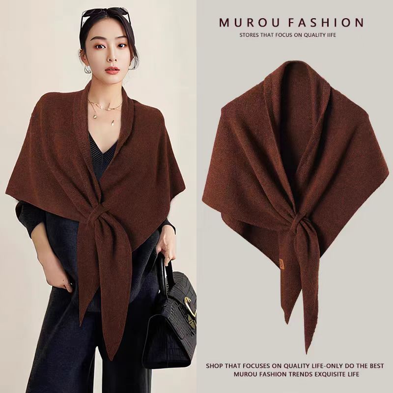 Coffee Women's Wool Blend Triangle Shawl - 70x180cm Knitted Winter Wrap - Warm Thick Solid Colour Poncho Scarf, Versatile Nec