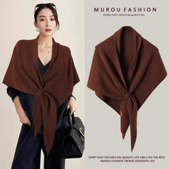 Coffee Women's Wool Blend Triangle Shawl - 70x180cm Knitted Winter Wrap - Warm Thick Solid Colour Poncho Scarf, Versatile Nec
