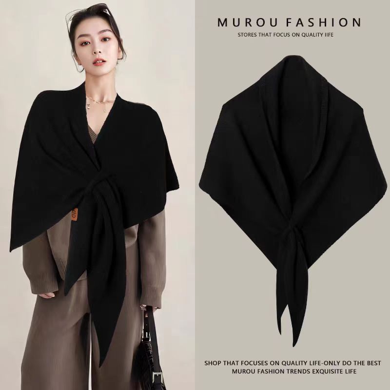 Black Women's Wool Blend Triangle Shawl - 70x180cm Knitted Winter Wrap - Warm Thick Solid Colour Poncho Scarf, Versatile Neck