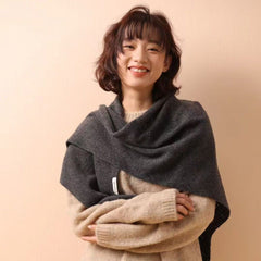 Black Women's Wool Blend Triangle Shawl - 70x180cm Knitted Winter Wrap - Warm Thick Solid Colour Poncho Scarf, Versatile Neck