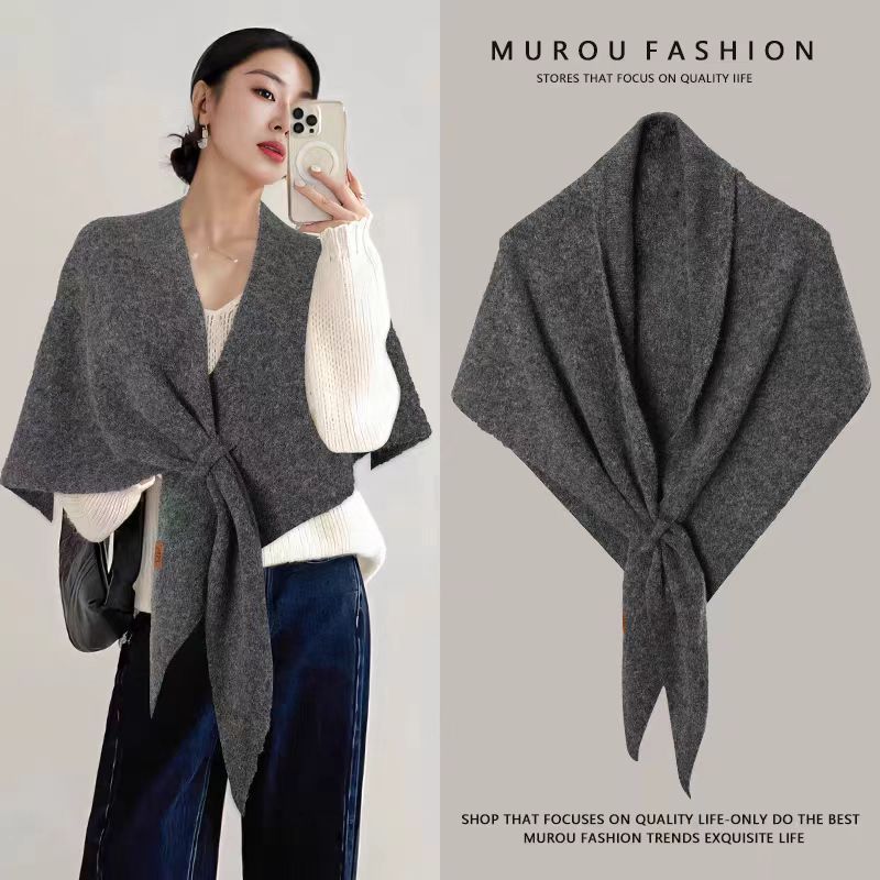 Dark gray Women's Wool Blend Triangle Shawl - 70x180cm Knitted Winter Wrap - Warm Thick Solid Colour Poncho Scarf, Versatile 