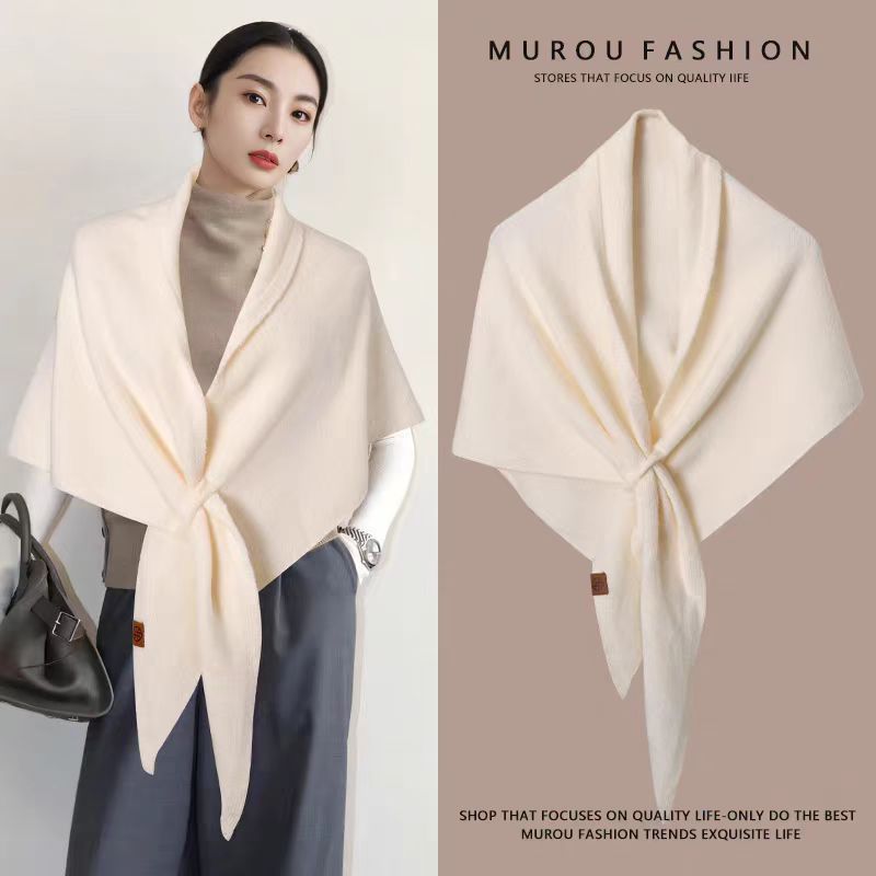 Beige Women's Wool Blend Triangle Shawl - 70x180cm Knitted Winter Wrap - Warm Thick Solid Colour Poncho Scarf, Versatile Neck