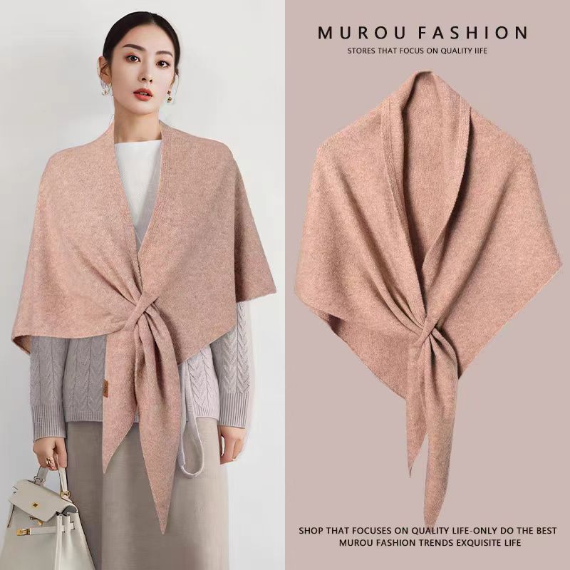 Pink Women's Wool Blend Triangle Shawl - 70x180cm Knitted Winter Wrap - Warm Thick Solid Colour Poncho Scarf, Versatile Neck 