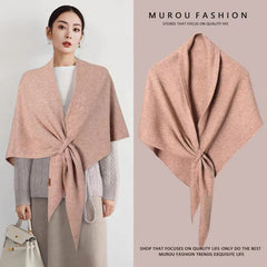 Pink Women's Wool Blend Triangle Shawl - 70x180cm Knitted Winter Wrap - Warm Thick Solid Colour Poncho Scarf, Versatile Neck 