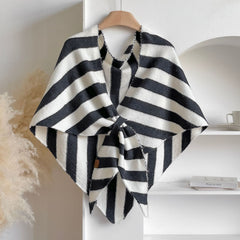 Black Striped Women's  Triangle Shawl Cape - Soft Knit Faux Cashmere Poncho Wrap, Lightweight Warm Pullover for Office Travel