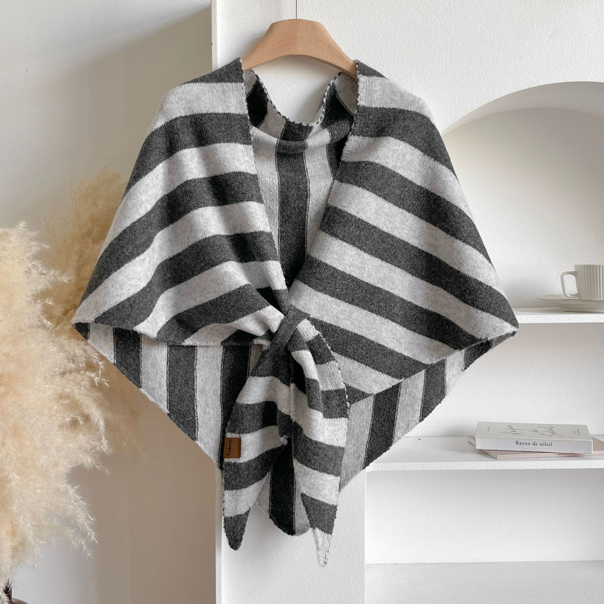 Grey Striped Women's  Triangle Shawl Cape - Soft Knit Faux Cashmere Poncho Wrap, Lightweight Warm Pullover for Office Travel 