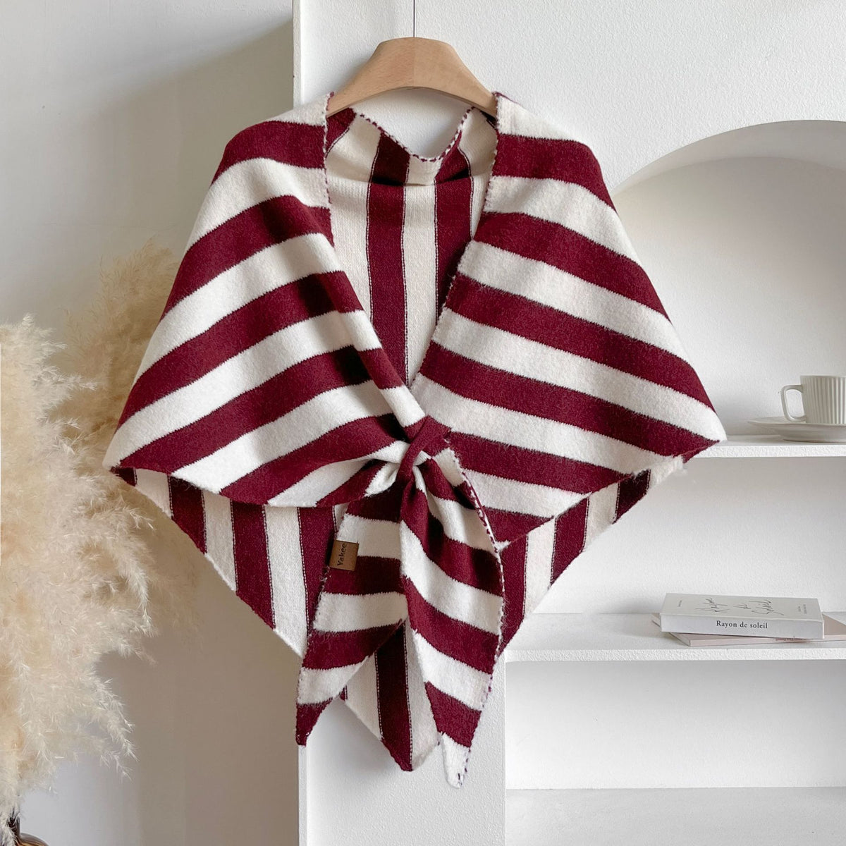 Red Striped Women's  Triangle Shawl Cape - Soft Knit Faux Cashmere Poncho Wrap, Lightweight Warm Pullover for Office Travel &