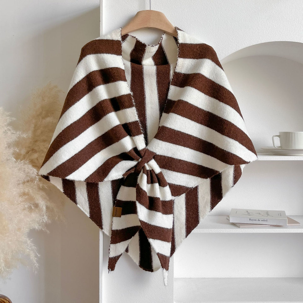 Brown Striped Women's  Triangle Shawl Cape - Soft Knit Faux Cashmere Poncho Wrap, Lightweight Warm Pullover for Office Travel