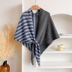 Blue and Red Color blocking Striped Women's  Triangle Shawl Cape - Soft Knit Faux Cashmere Poncho Wrap, Lightweight Warm Pull