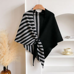 Blue and Grey Color blocking Striped Women's  Triangle Shawl Cape - Soft Knit Faux Cashmere Poncho Wrap, Lightweight Warm Pul