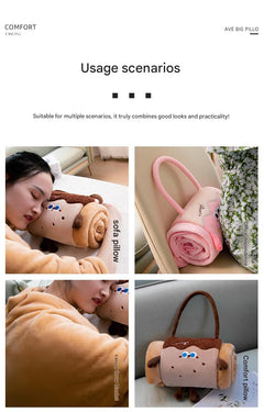 Brown Puppy 100*170cm Cartoon Hand-Carry Roll-Up Blanket - Plush Flannel Nap Blanket with Pillow Function, Portable Office & 