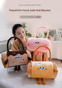 Black Cat 80*100cm Cartoon Hand-Carry Roll-Up Blanket - Plush Flannel Nap Blanket with Pillow Function, Portable Office & Tra
