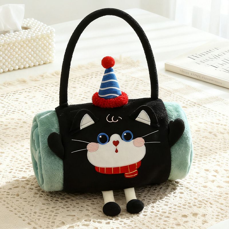 Black Cat 100*170cm Cartoon Hand-Carry Roll-Up Blanket - Plush Flannel Nap Blanket with Pillow Function, Portable Office & Tr