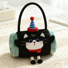 Black Cat 100*170cm Cartoon Hand-Carry Roll-Up Blanket - Plush Flannel Nap Blanket with Pillow Function, Portable Office & Tr