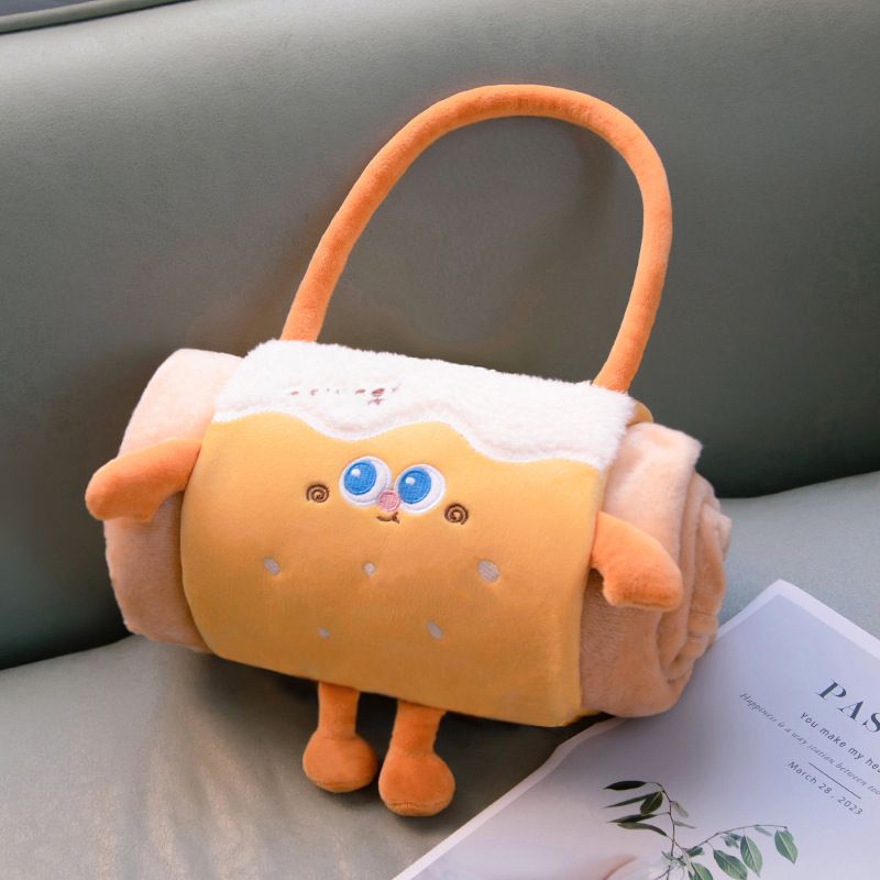 Orange 100*170cm Cartoon Hand-Carry Roll-Up Blanket - Plush Flannel Nap Blanket with Pillow Function, Portable Office & Trave