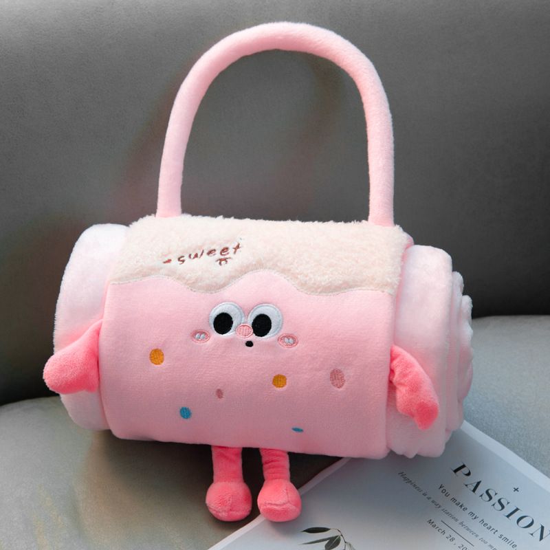 Pink 80*100cm Cartoon Hand-Carry Roll-Up Blanket - Plush Flannel Nap Blanket with Pillow Function, Portable Office & Travel T