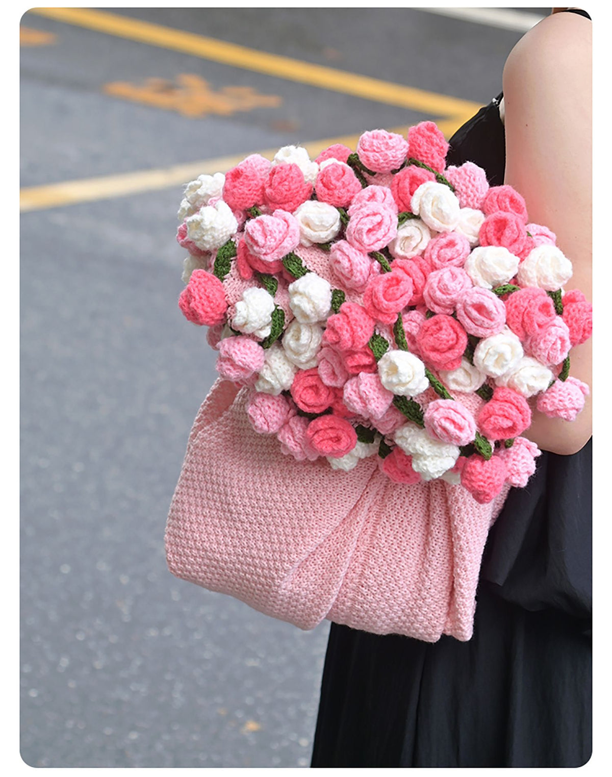 Pink and White Diameter: 80 cm -33 Woven Flowers Handmade Rose Bouquet Knit Blanket - Soft Pink Acrylic Throw with 3D Crochet